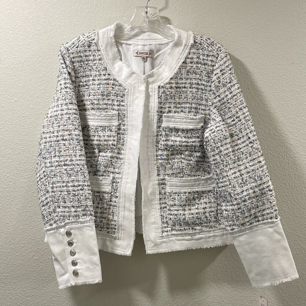 NANETTE LEPORE (NWT) Tweed Open Front Long Sleeve Deep Cuff Short Jacket - L - Picture 2 of 13